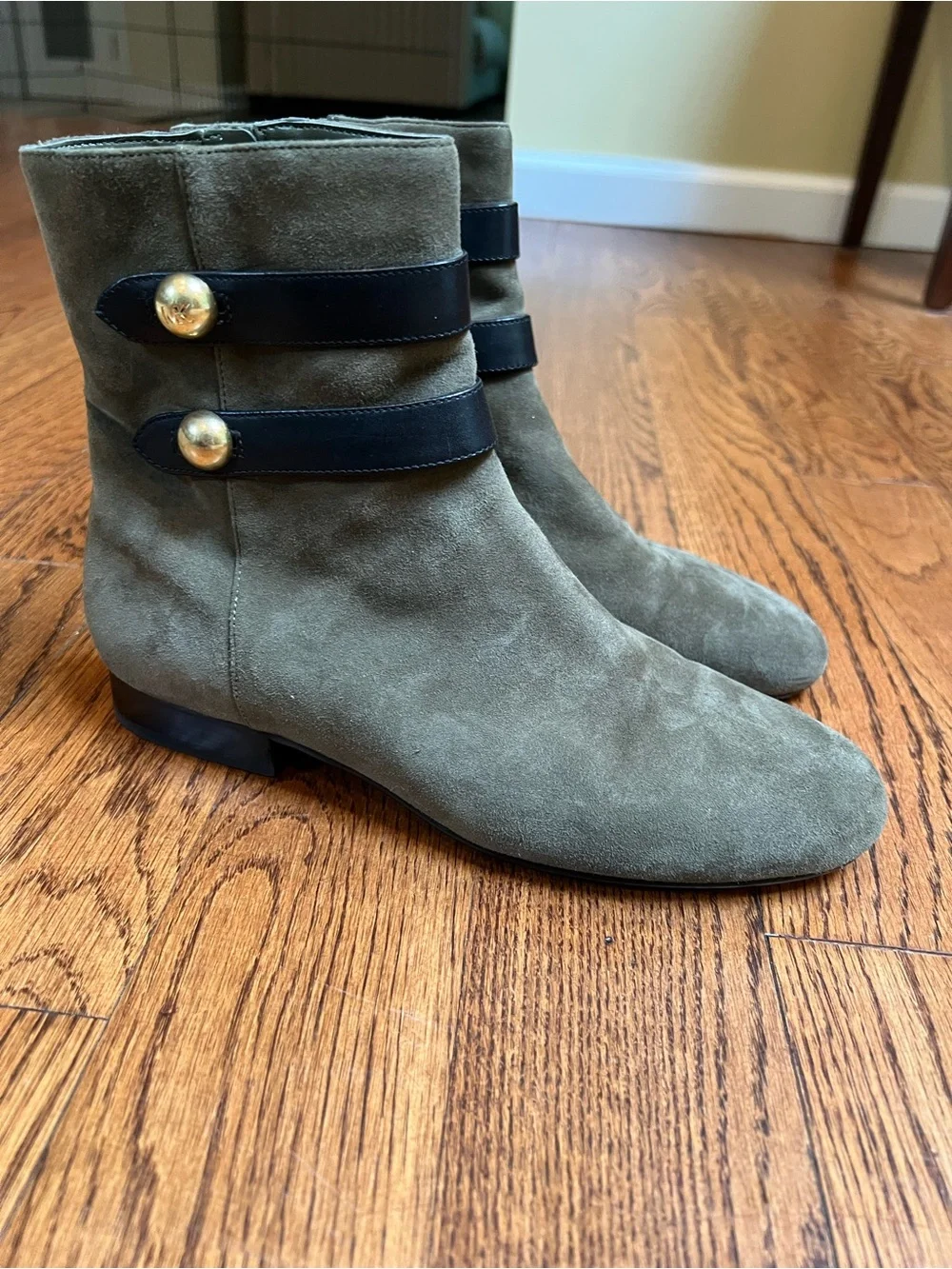 Michael Kors Olive Suede Ankle Boots with Black Straps & Gold Buttons